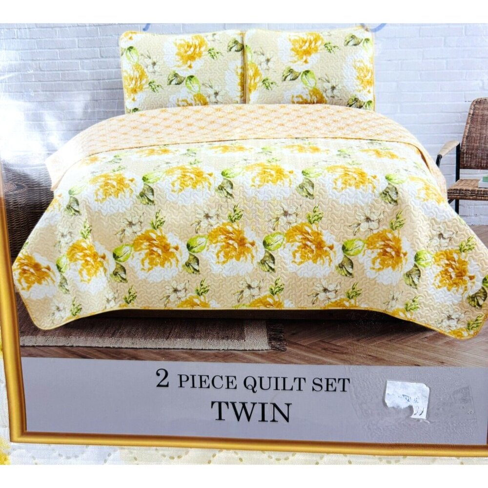 Luxury Home Majestic Collection Yellow Floral Twin Comforter and Sham